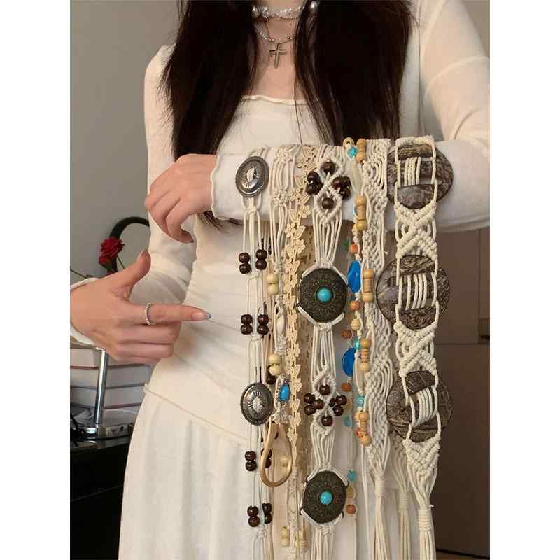 Other - 腰帯 民族風 編み込み 女性用 スカート 連衣裙 アクセサリー ボヘミアン デザイン 百搭 ビーズ 木珠 蠟縄 穿孔 瑪瑙 藍 海螺 馬蹄 扣 椰殻 緑松石 円形 雕花 韓国 绒花 藤 PU 皮 仿皮 平滑 扣 幅 普通 2-4cm 夏 文艺 復古 手工