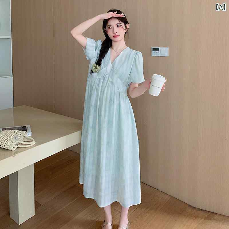 ワンピース レディース マタニティ 春夏 Vネック 膝丈 ミモレ丈 プリーツ 半袖 お...