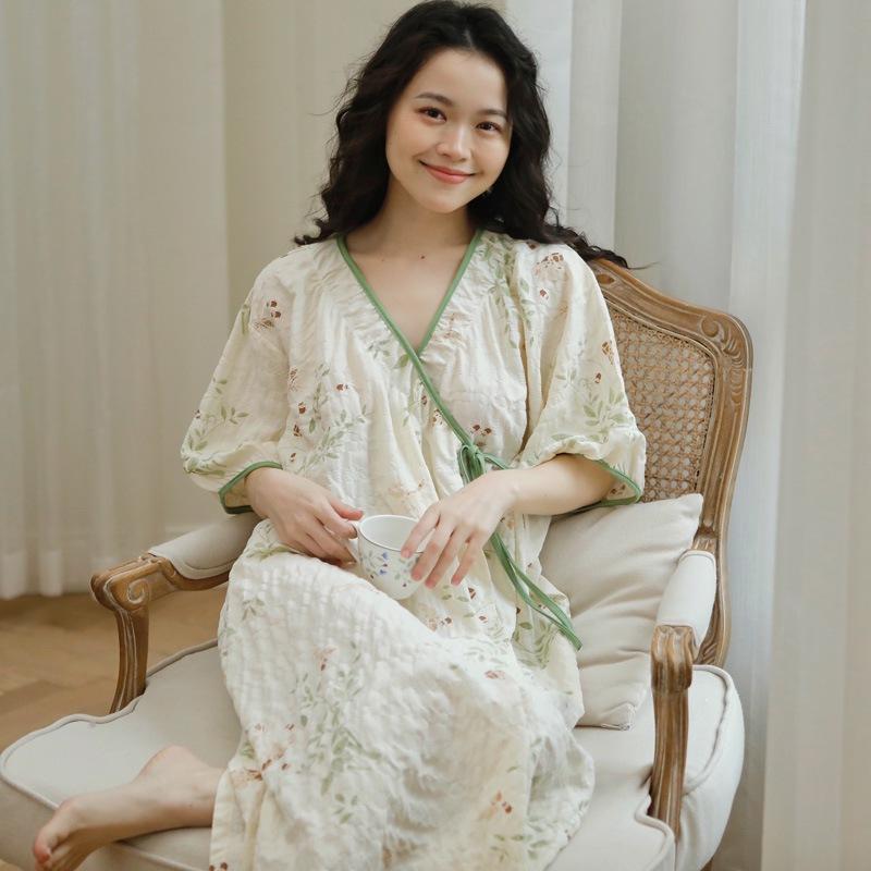 ワンピース マタニティ レディース 授乳服 産後 半袖 和服 皺加工 ジャガード織り ...