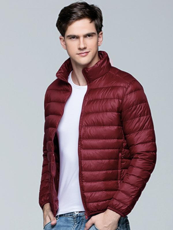 Jumper, Blouson - メンズ 羽绒服 短款 白鸭绒 薄型 中年 男性用 防寒 軽便 透気 防水 防風 防汚 立领 拉链 合体型 普通丈 純色 韓版 休闲 黒 酒紅 灰 冬季 ニロン 面料 裏地 51-55% 含绒量 550 蓬鬆度 70g 充绒量