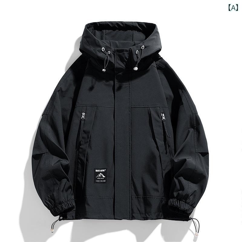 Rakuten - メンズ ジャケット 連帽 春秋 防水 防風 透気 ポリエステル 100% 韓国風 ルーズフィット 薄手 長袖 純色 サイドポケット ロコクヘム ラウンドヘム ノーアイロン 標準丈 ティーンエイジャー カジュアル アウトドア 登山 作業着 石墨黒 米杏色