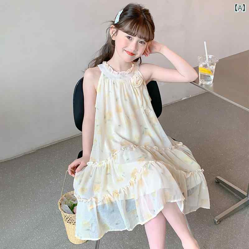 乐天商城 - 女の子 ワンピース スカート 夏 プリンセス フレア ハルカ ハングネック 花柄 コットン混紡 涼しい 軽量 柔らかい かわいい フレッシュ ガーリー イエロー 女児 中学生 大学生 140cm以上 120cm 130cm 150cm 160cm 170