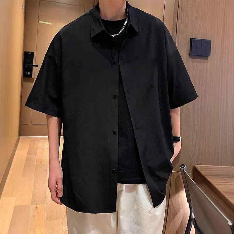 メンズ シャツ トップス 短袖 薄手 防晒 接触冷感 韓版 トレンド 開襟 ワイドシルエット ポリエステル 無地 黒 灰 白 夏 春季 免烫処理 休闲 青年 18-24歳
