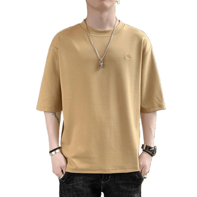 乐天商城 - メンズ Tシャツ 半袖 七分袖 韓国風 トレンド 無地 丸首 綿素材 修身 夏用 日常着 大きいサイズ 黒 白 緑 酒紅 橘黄 軽量 通勤 普段使い