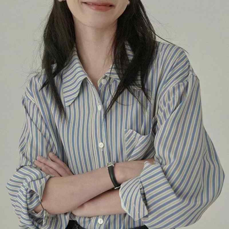樂天商城 - シャツ レディース 長袖 開襟 条紋柄 綿 スパンデックス 切り替え ゆったり トップス 灰 杏色 秋 レイヤード 韓国風 かわいい デイリー 普段使い 通勤 カジュアル