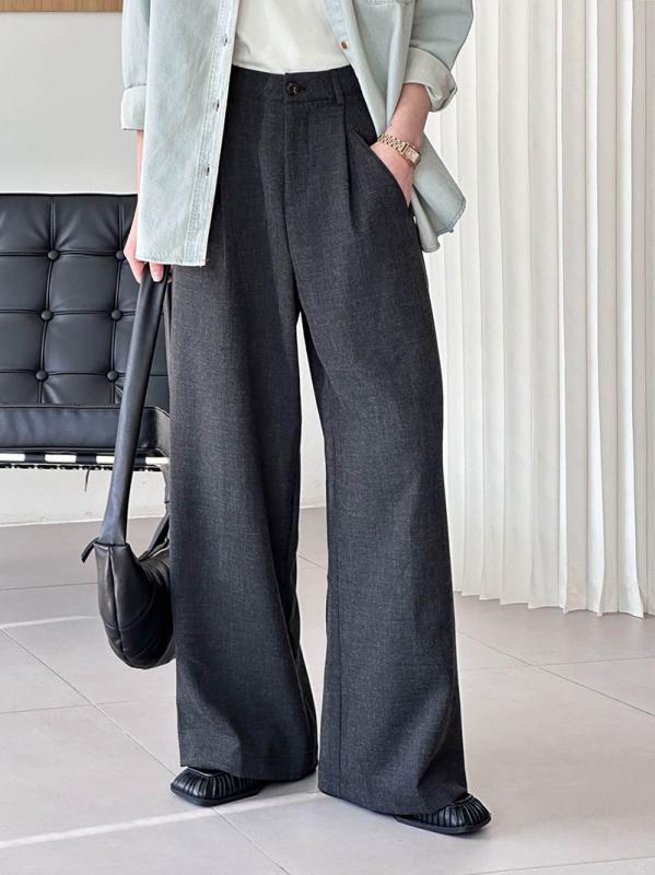 レディース 西装パンツ 高腰 ワイドレッグ ストレート 垂感 ゆったり 涤纶 素材 深灰 色 卡其 色 日韓 スタイル 秋冬 シーズン 成人 女性 履き 無弾性 長丈 膝下 ロング ビジネス 普段使い 通勤 コーデ 軽やか シルエット