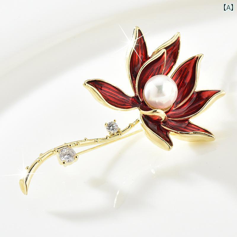 Rakuten - ブローチ 女性用 蓮の花 デザイン 珍珠 胸花 花卉 モチーフ 毛衣 スーツ コート ピン アクセサリー 韓流スタイル 合金 人工宝石 半宝石 加工 滴油 白水晶 春季