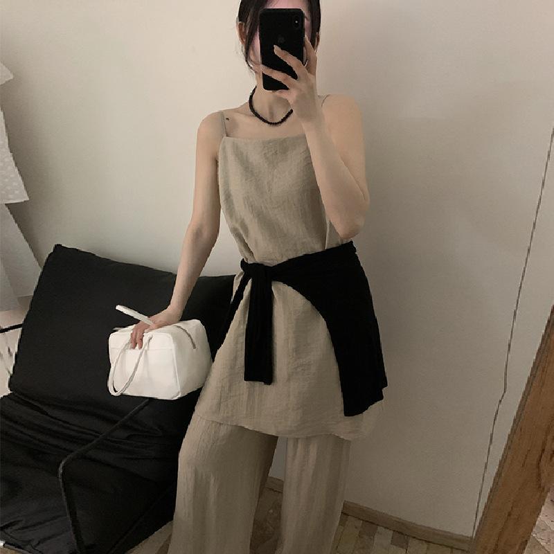 女性 吊り帯 トップス 直筒 ロングパンツ セット 緑 夏 純色 切り替え 人造シルク ...