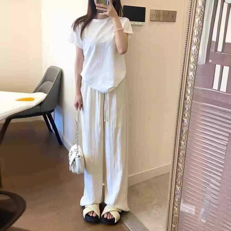 レディース ワイドパンツ 高腰 ストレート 九分丈 薄手 綿混紡 テンセル ライクラ 米白 秋 韓国風 快適 垂感 休闲 通勤 普段使い 部屋着 ビッグシルエット 伸縮性 軽量