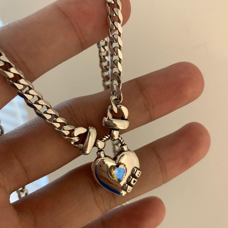 Women's Necklace, 925 Sterling Silver, Zirconia, Heart Pendant, Modern, Thick Chain, Korean Style, Fresh, Sweet, Spring, Retro Design, Lightweight Jewelry, Fashion Necklace Chain, Heart Pendant, Silver Accessory, Women's Jewelry
