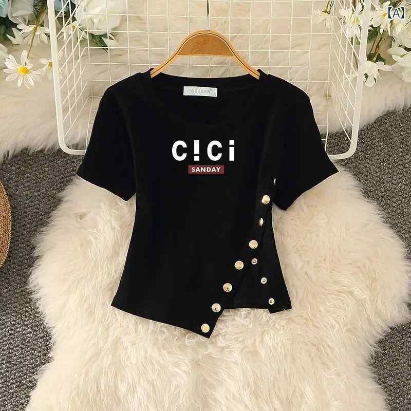 Shirts, T-Shirts - Tシャツ 女性用 短袖 春夏 丸首 コットン素材 修身 ボタン プリント 切り替え 不規則開叉 デザイン性 気質 通勤 都市風 黒 白