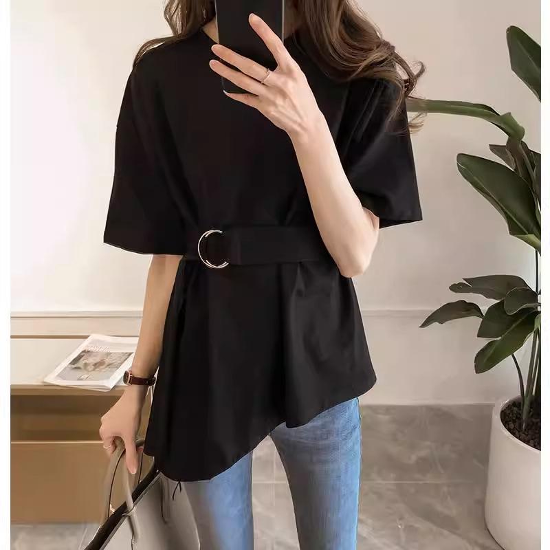 Tシャツ レディース 夏 丸首 半袖 トップス ワンピース風 緩いシルエット 学生服 単色 収腰 韓国風 中丈 柔らかい 快適 通勤 普段使い 都市スタイル 黒 赤 白 緑(4.0)