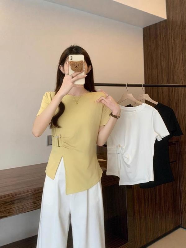 Other - Tシャツ レディース 短袖 ゆったり 大きいサイズ 純色 コットン 丸首 開き シワ 春夏 黄色 白 黒 日韓風 韓国スタイル ラフ ゆったり風 快適 カジュアル 日常使い 隠し腹 体型カバー 女性服 不規則 肩落とし 袖口 切り替え トップス 上衣 ル