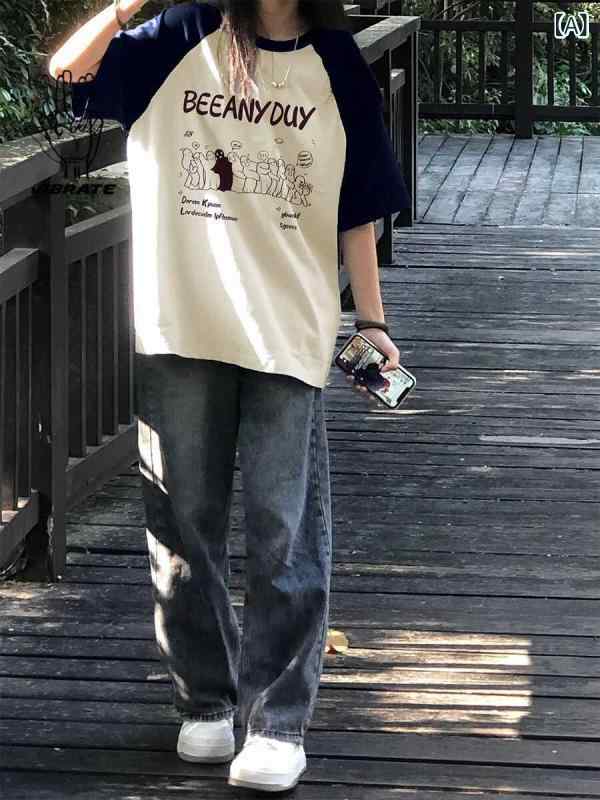 Tシャツ 女大童 短袖 夏季 撞色 挿し肩 丸首 綿 伸縮性 カードプリント 印花 ゆったり 青春 トップス かわいい キャンパス風 日常使い 女の子 学生服 13歳 少女