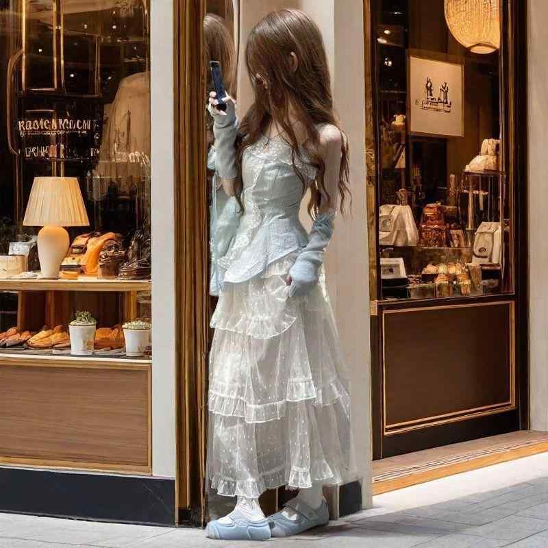Other - レディース 吊り紐上衣 セット 夏 甘め フレンチ セクシー 韓国風 かわいい 不規則 フリル 緑 白 涤纶 ポリエステル 繊維 無袖 袖なし 爽やか スイート 気質 優雅 キャミソール トップス スカート 2点 切り替え ジオメトリック パターン 貼り