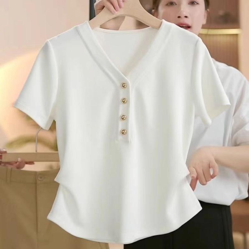 Other - レディース Tシャツ Vネック 短袖 綿95% スパンデックス混 修身型 気質 通勤 快適 休闲 白色 黒 ボタン 2024 夏季 半袖 トップス セットアップ風 褶皱加工 不規則 弧形 下摆 韓版 デザイン 普通 衣長 50-65cm 常规 袖 字母