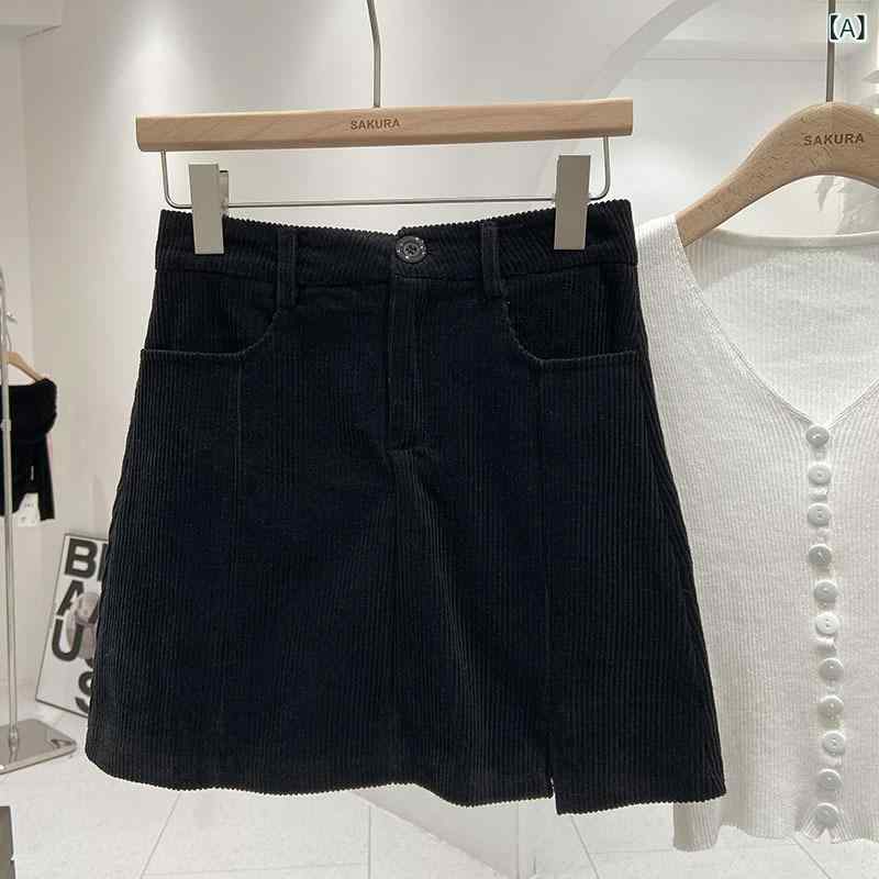 Capri Pants - 半身スカート 女性用 灯芯绒 ハイウエスト ボタン 切り替え Aライン 短丈 秋冬 黒 コーヒー 杏 防走光 安全パンツ付き 微弾力 ポケット 学院風 かわいい 清楚 コーデ 日常使い 軽量 ポリエステル