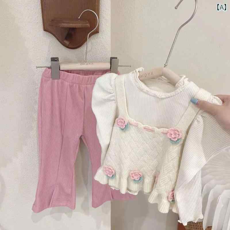 Rakuten - 女の子 秋服 セットアップ 3点セット 泡泡袖 長袖 トップス 針織 コットン 85% クロッチェ ベスト 花柄 ピンク 黒 フラワーパターン プリンセス スタイリッシュ 柔軟 防紫外線 長ズボン フラワー柄 喇叭パンツ 春秋 ピンク系 黒系 コットン素