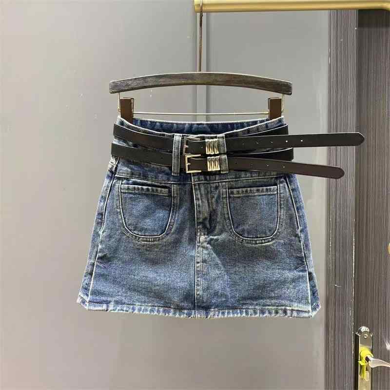 Capri Pants - 女の子 スカート 牛仔 半身スカート 韓国風 腰バンド 開き ポケット ハイウエスト Aライン 短め 綿素材 酵素洗い 春季 ブルー 黒 潮風 スタイル 純色 伸縮性 軽量 普段使い 学校用 遊び着 通学