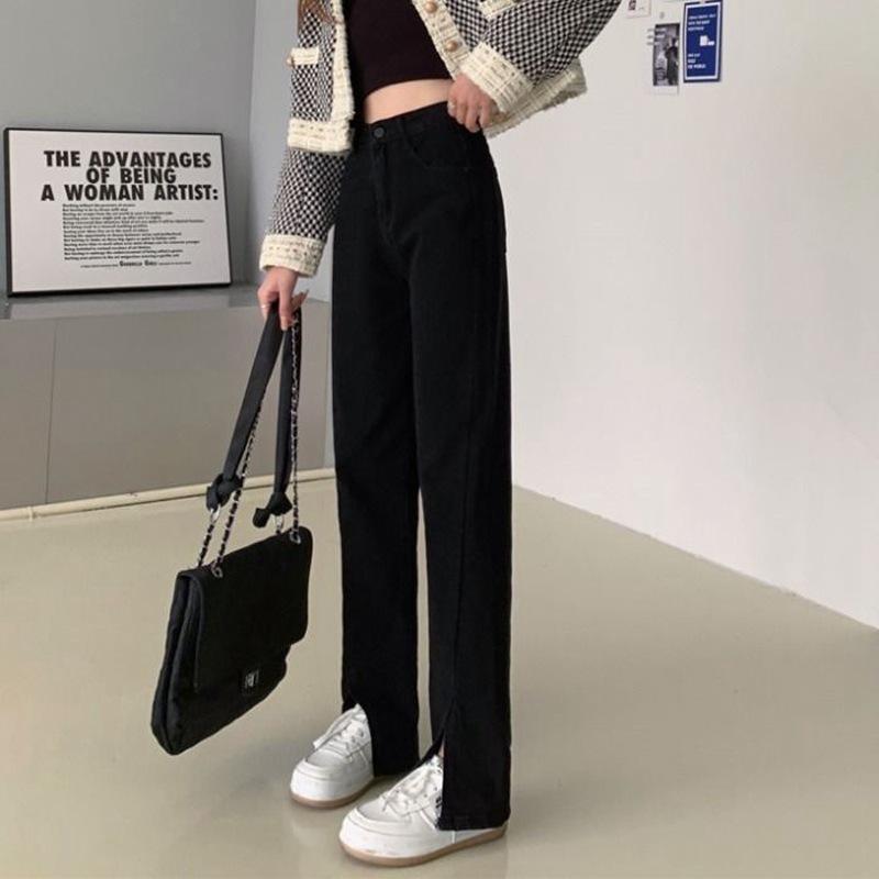 樂天商城 - 牛仔パンツ レディース 高腰 微喇 開叉 デニム 長ズボン 夏 春夏 通勤 スタイル 黒 綿 素材 直筒 デザイン ワイドレッグ ゆったり シルエット スリム 効果 ロング丈 日常 使い 軽量 伸縮性 カジュアル ファッション ボタン ジッパー 洗い加工