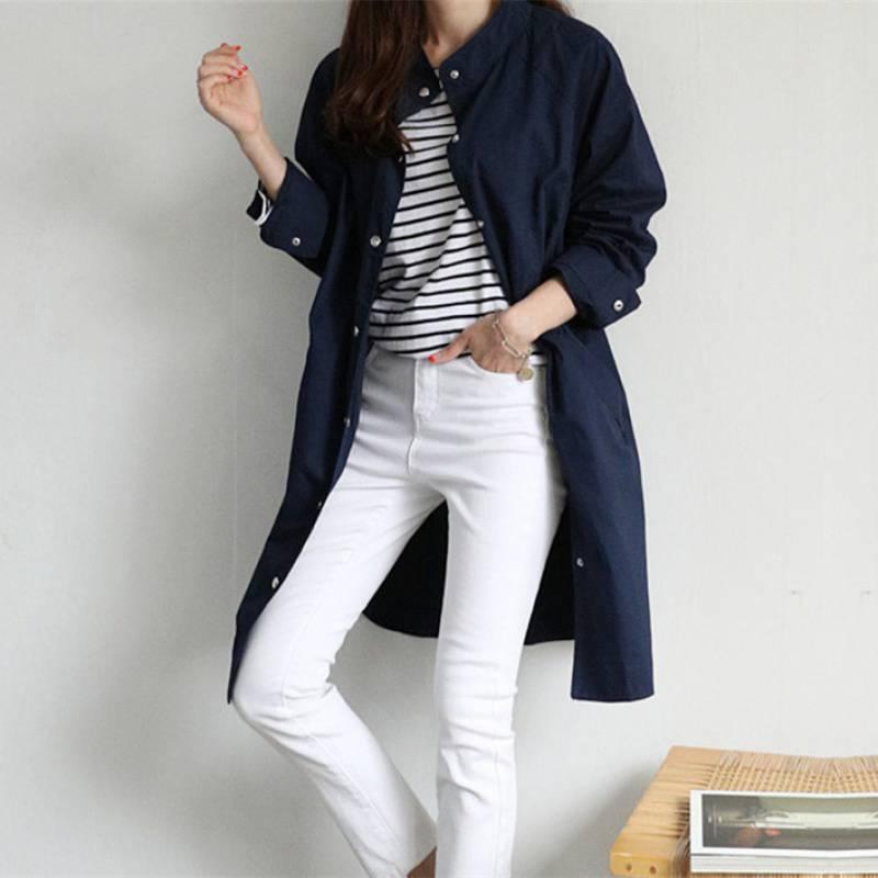 Capri Pants - レディース コート ワイドシルエット サイドスリット ミリタリー風 シングルボタン 長袖 丸首 ポケット ステッチ ポリエステル 無地 中厚 ゆったり 大きいサイズ 軍緑 ネイビー ベージュ 春 韓国風 カジュアル ジャケット トレンチコート コットン混