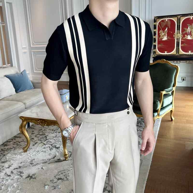 Men's Clothing - メンズ POLOシャツ 短袖 修身 条紋 水洗 綿混紡 ポリエステル 日常 黒 白 青 夏 防水 耐磨 防風 免烫 色牢度高 不対称 青少年 青年 ティーン ユース カジュアル トップス ユニセックス