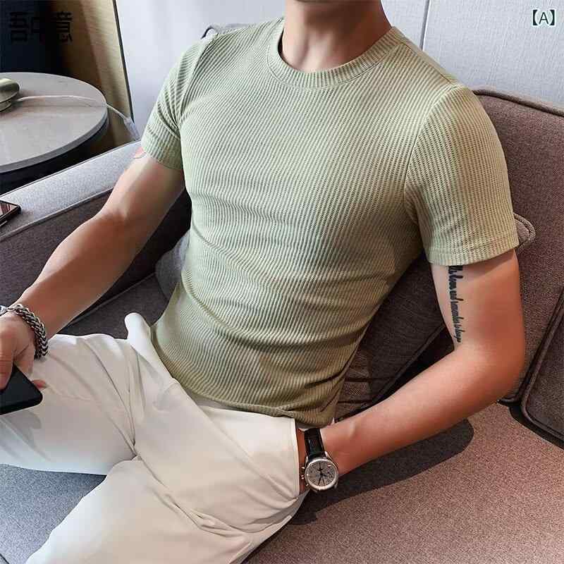 メンズ Tシャツ 短袖 丸首 夏用 ゆったり トップス 韓国風 トレンド 筋肉ライン ストライプ柄 無地 ゆったりシルエット ニット ポリエステル 混紡 透気性 防シワ 吸湿速乾 緑 黒 グレー 白色 カーキ 休闲 ティーン向け ティーンエイジャー 成人