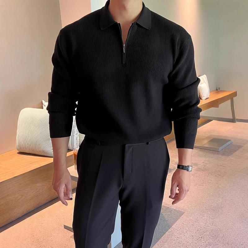 メンズ ニット トップス 長袖 半ファスナー 翻領 条紋 セットイン 修身 化繊混紡 ポリエステル 日常 秋冬 黒 グレー ベージュ 青年 男性用 セーター ポロシャツ 風 暖かみ ストレッチ 軽量 カジュアル 普段使い デイリー 秋 冬 ミックスカラー