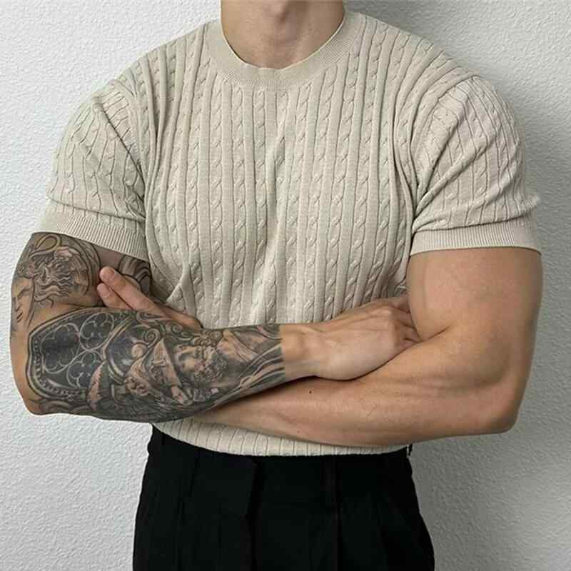 メンズ Tシャツ 半袖 薄手 ニット トップス 修身型 丸首 ストライプ柄 ポリエステル アイスシルク 接触冷感 透気 高弾性 カラーブロック 夏 秋 春 カーキ ブルー 青年向け 日常使い カジュアル ユニセックス