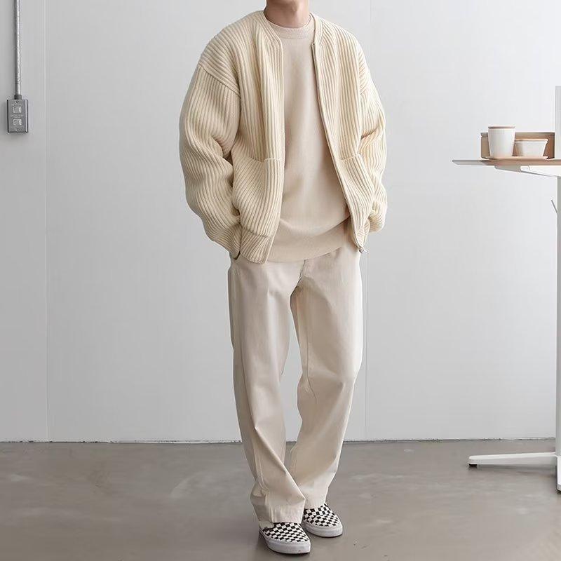 メンズ ニット カーディガン ジャケット 秋冬 長袖 丸首 ニット セーター ゆったり ルーズ スタイル 韓国風 トレンド ソリッドカラー ピュアカラー ポリエステル 綿混 免燻 加工 米白 灰 黒 色 青少年 向け ゆったり シルエット 長袖 トップス