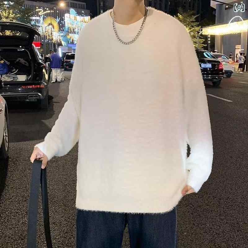 ニットセーター メンズ 秋冬 ゆったりシルエット 厚手 長袖 丸首 シンプル 無地 化繊混紡 ポリエステル 高色牢度 ゆったり 韓風 トレンド 日常 ユース 白色 黒 藍