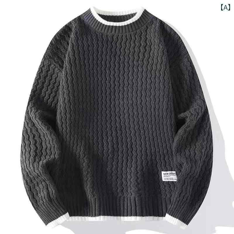 メンズ ニットセーター 厚手 外出用 波紋デザイン ラウンドネック 長袖 レイヤード風 ゆったりシルエット ポリエステル 灰 黒 緑 卡其 カジュアル 秋冬 青年向け 韓国スタイル バッジ付き 暖かみ レイヤード コーディネート 日常使い