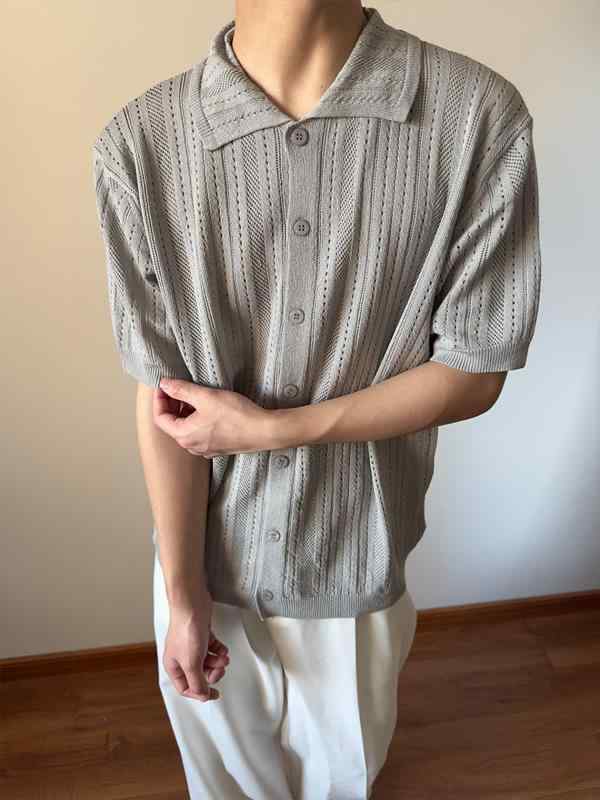 メンズ ニット シャツ 開襟 短袖 開衫 夏 薄手 透気 吸湿速乾 切り替え デザイン アイスシルク ポリエステル ゆったり 杏 黒 グレー 日常 青年