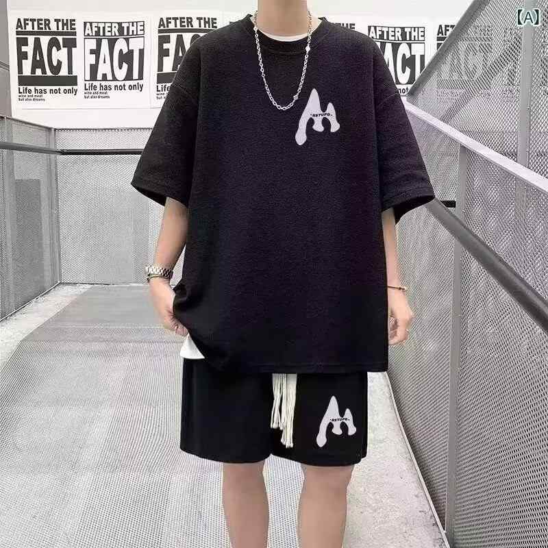 Rakuten - メンズ スポーツウェア セットアップ 夏季 短袖 Tシャツ バスケットボール ジャージ トップス ショーツ 2点セット 韓国風 トレンド 涼しい 薄手 ポリエステル 素材 黒 白 灰 紺 青春 流行 18-24歳 対象 休闲 シーン 2024 夏季 新作