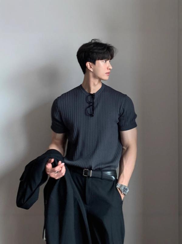 メンズ Tシャツ 短袖 ニット 伸縮性 韓国風 ゆったり トップス 黒 白 茶 緑 薄手 ポリエステル 透気性 耐摩耗 夏季 成人 青少年 軽熟 カジュアル 丸首 袖口 免烫加工 180g-250g 春季 東アジア 中東 东南アジア 1-2cm誤差