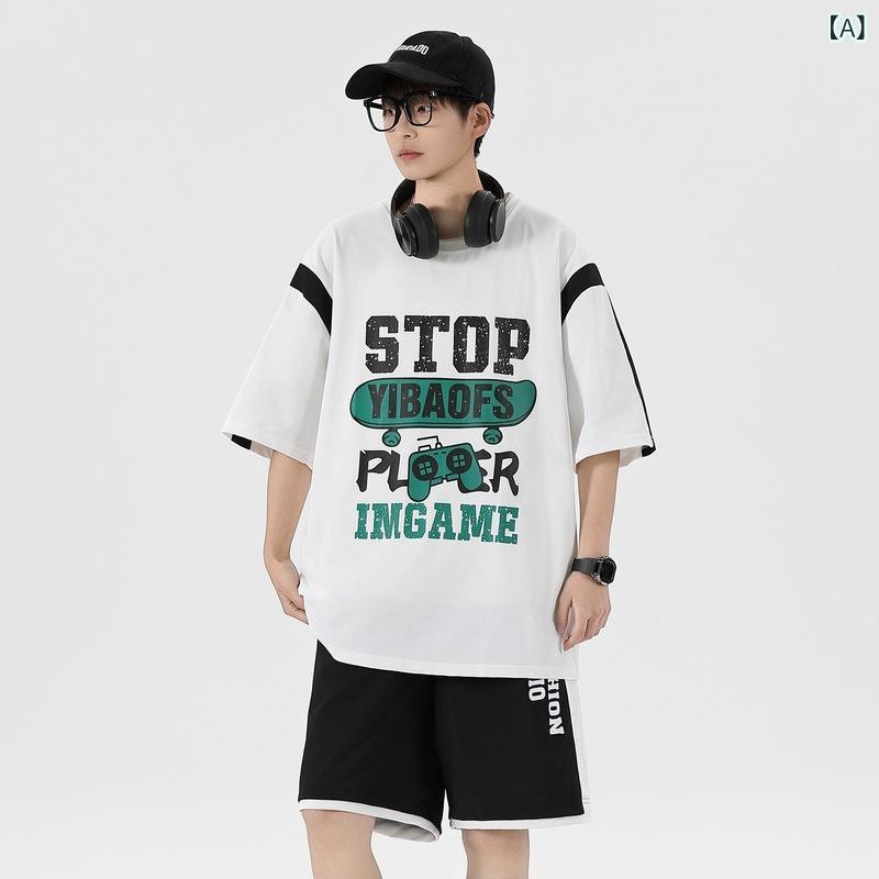 Other - メンズ Tシャツ 短パン セット ゆったり ドロップショルダー 半袖 薄手 夏用 ポリエステル 100% 黒 白 青年 18-24歳 向け 休闲 韓国風 丸首 シンプル 涼しい 動きやすい 通気性 日常使い スポーツ