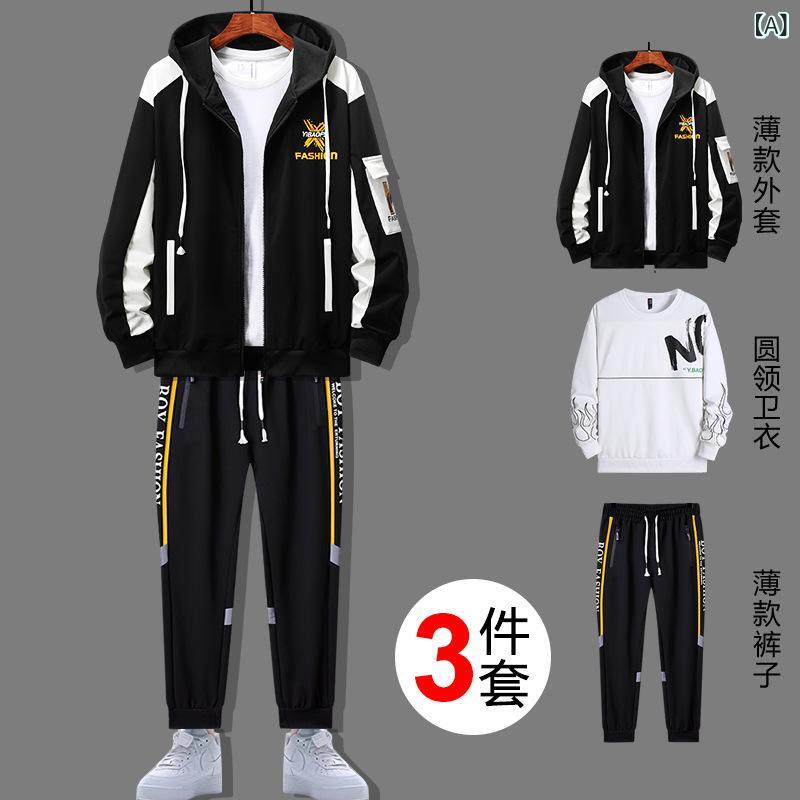 Other Apparel - メンズ スウェットセット トレーナー ジャケット パンツ 3点セット 韓流風 トレンド ファッション 春夏秋冬 青少年 学生 青年 長袖 フーディー 長ズボン 化学繊維 ポリエステル 混紡 ポケット付き ラグランスリーブ ラウンドネック ルーズフィット