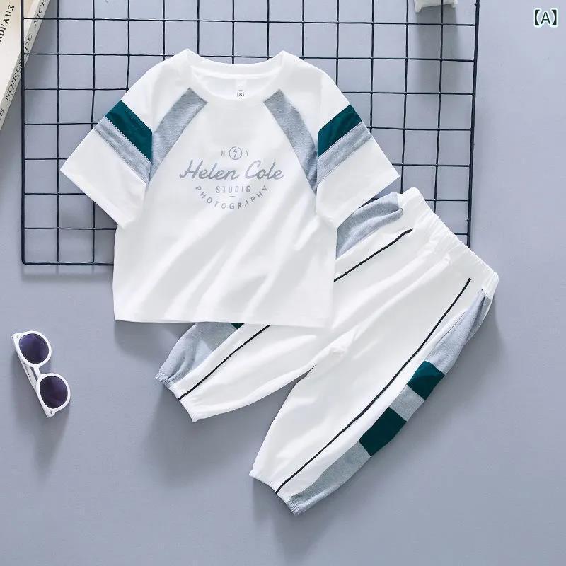 Other Apparel - 男の子 夏服 セットアップ 韓版 子供 服 短袖 長ズボン 運動 スタイル 薄手 綿素材 印花 デザイン 白色 灰色 夏用 かわいい ラフ フィット 涼しい 綿60% 8歳以上