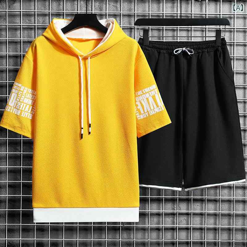 T-Shirts - メンズ 連帽 短袖 Tシャツ 短パン セット 韓国風 トレンド 涼しい 化繊混紡 ポリエステル 80% 純色 黄色 黒 白 青 グレー 夏 休闲 スポーツ 普段使い アウトドア 青春 18-24歳