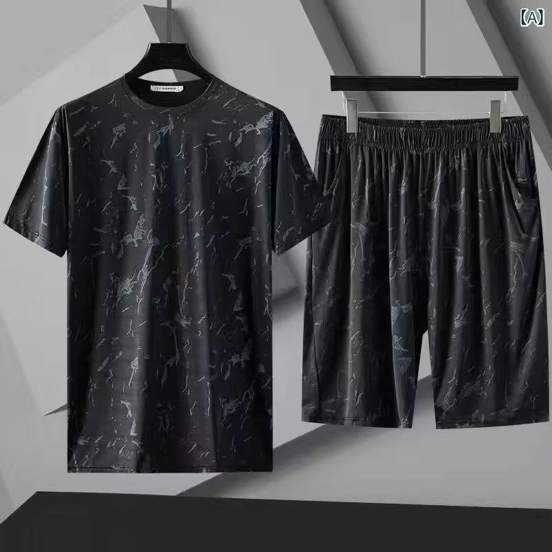 メンズ 短袖 Tシャツ セットアップ 夏 薄手 韓流 トレンド 個性 ルーズ 大きいサイズ ショーツ 2点セット 黒 ポリエステル 混紡 化学繊維 ゆったり フィット 軽量 通気性 涼しい 日常 スポーツ 外出 休日 アクティブ スタイル カジュアル ウ