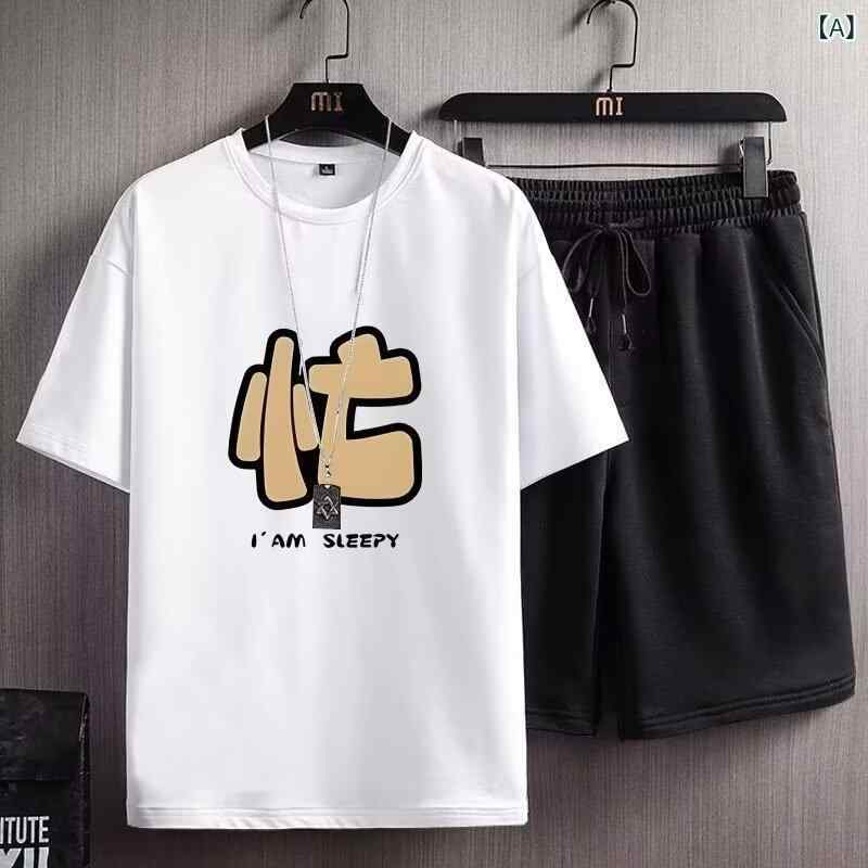 乐天商城 - メンズ スポーツウェア セット 夏 短袖 Tシャツ バスケットボール トップス 港風 カジュアル 短パン 2点セット 韓国風 トレンド 綿混紡 ポリエステル 白色 黒 赤 青 黄色 運動 日常使い 軽量 通気性 速乾 ビッグシルエット スリムフィット ア