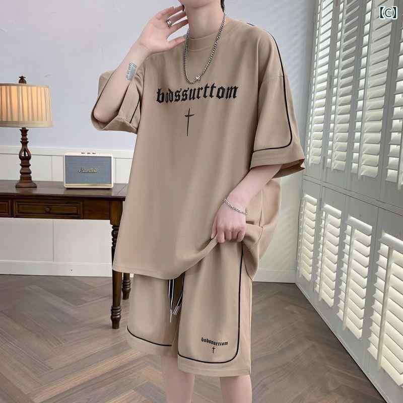 メンズ Tシャツ 短パン セット 夏 涤纶 ポリエステル 素材 短袖 トップス 杏 黒 カーキ 白 色 幅広 ゆったり スタイル 港風 香港風 カジュアル 休日 外出 青春 18-24歳 向け 軽量 通気性 速乾 機能 組み合わせ コーデ 人気 コーディ 3