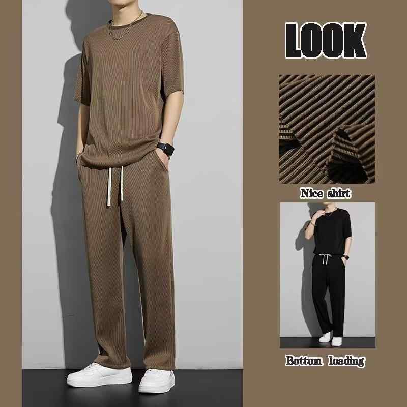 樂天商城 - メンズ スポーツ セットアップ 夏 トップス 短袖 Tシャツ 長ズボン 薄手 涼しい 接触冷感 ポリエステル 混紡 透気性 グレー 黒 紺 ゆったり 垂感 韓国風 潮流 男性用 運動着 外出 日常 軽量 速乾 機能性 素材 涼感 デザイン 快適 スタイル