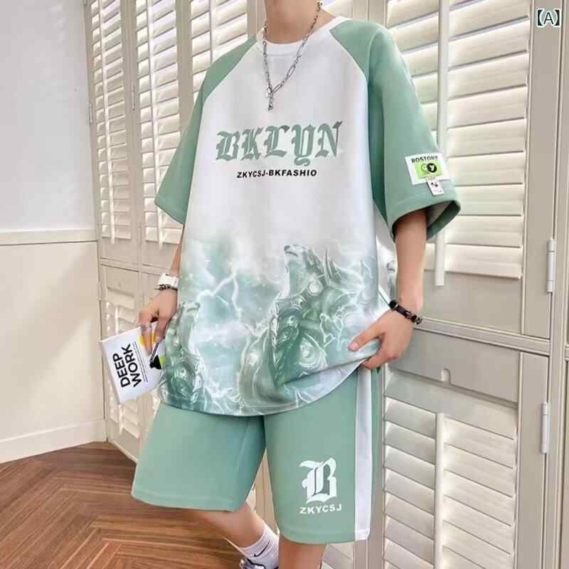 メンズ スポーツウェア セットアップ 夏 短袖 Tシャツ バスケットボール トップス ショートパンツ 2点セット 韓国風 トレンド 緑 黒 化繊混紡 ポリエステル100% ゆったり フィット 速乾 吸汗 メッシュ加工 ランニング トレーニング ジムウェア