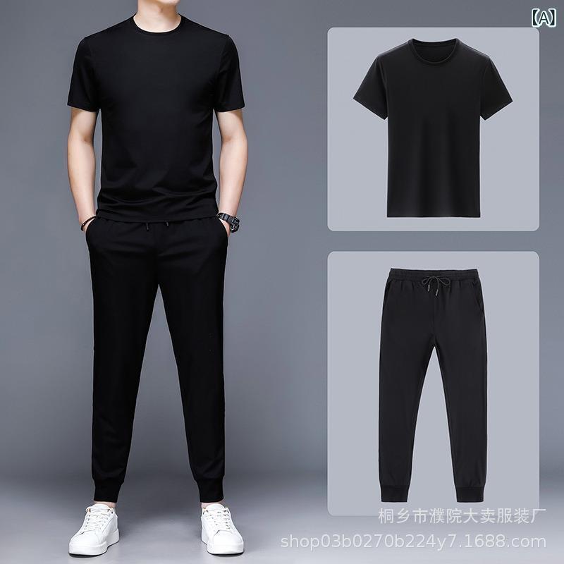 ・スタイル: 韓版・厚み: 薄款・パンツ丈: 長パン・トップスタイル: Tシャツ・袖丈: 短袖・フード: なし・主な素材: 粘膠繊維60%、ナイロン33%、スパンデックス7%・適用シーン: スポーツ・カラー展開: ブラック・サイズ展開: M、L、XL、2XL、3XL、4XL