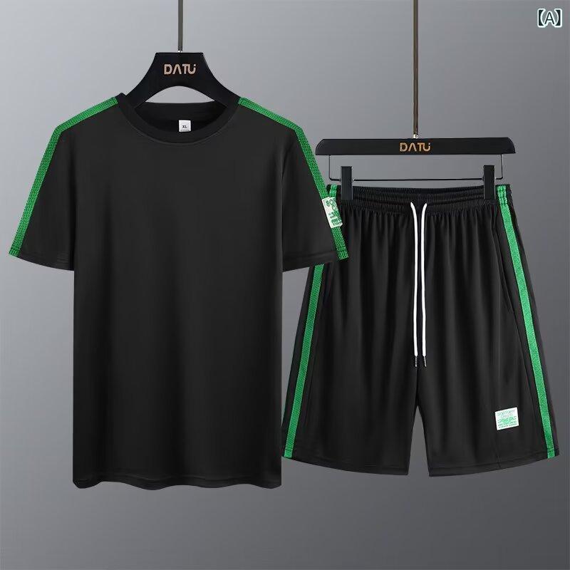 乐天商城 - メンズ 短袖 Tシャツ 短パン セット 薄手 涼しい 化学繊維 混紡 ポリエステル 65% 黒緑 黒灰 白緑 白灰 灰 紺 グリーン 夏 運動 ユース 18-24歳 対象 ゆったり 韓国風 休闲 スポーツウェア 日常使い アクティブ