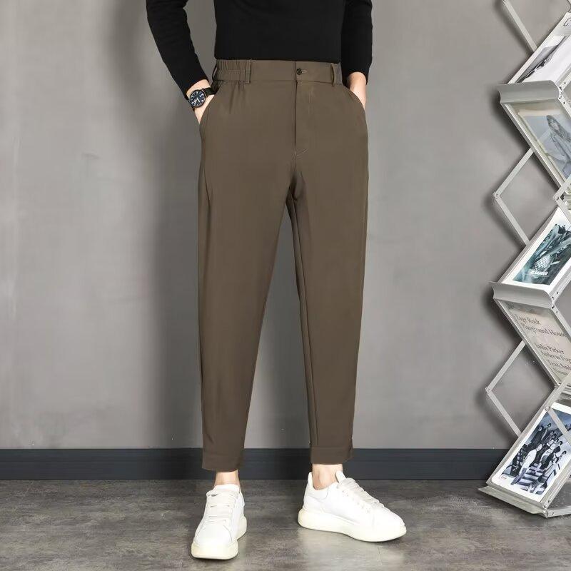 Rakuten - メンズ 西装パンツ 九分丈 ワイドレッグ テーパード 軽ビジネス 修身 ハンサム 垂感 休闲 黒 深灰 茶 春 化繊混紡 ポリエステル 青年 通勤 普段使い アウトドア 伸縮性 軽量 カジュアルスタイル