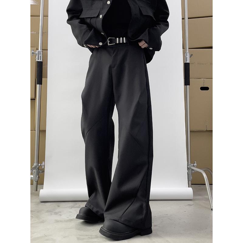 Rakuten - メンズ スーツパンツ 黒 ワイドレッグ ストレートパンツ ロング丈 ミドルウエスト コットン混紡 ポリエステル ビジネスカジュアル 日常使い ゆったりシルエット シンプルデザイン 春秋 青年向け 韓国風 トレンド 直筒 無地 無弾性 ボタン飾り ロングパ