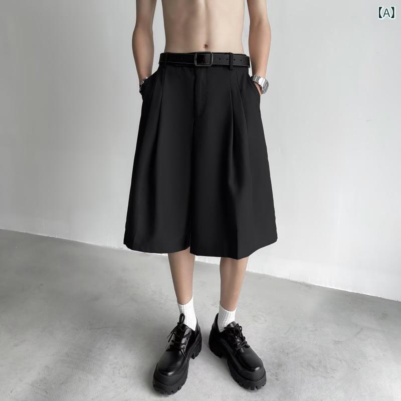 Rakuten - メンズ ショートパンツ 夏用 軽ビジネス ワイドレッグ ゆったり 垂感 高級感 韓国風 純色 5分丈 黒 灰 ポリエステル混紡 微弾性 日常 青少年 通勤 普段使い アウトドア カジュアル 軽量 通気性 伸縮性
