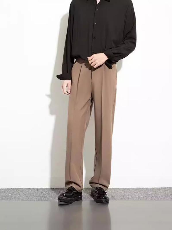 乐天商城 - メンズ スラックス 春夏 九分丈 韓国風 ワイドレッグ ストレートパンツ ドレープ感 西装パンツ ビジネス 正装 百搭 ビジネスカジュアル 普段使い ポリエステル 微弾性 ノンアイロン 明線ステッチ 黒 茶 グレー ベージュ 白 軽量 通勤 ビジネスシー